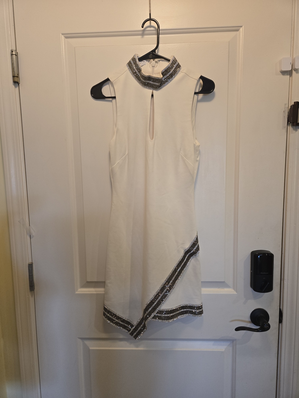 bebe White Sleeveless Mini Dress with Silver Crystal Beaded Trim